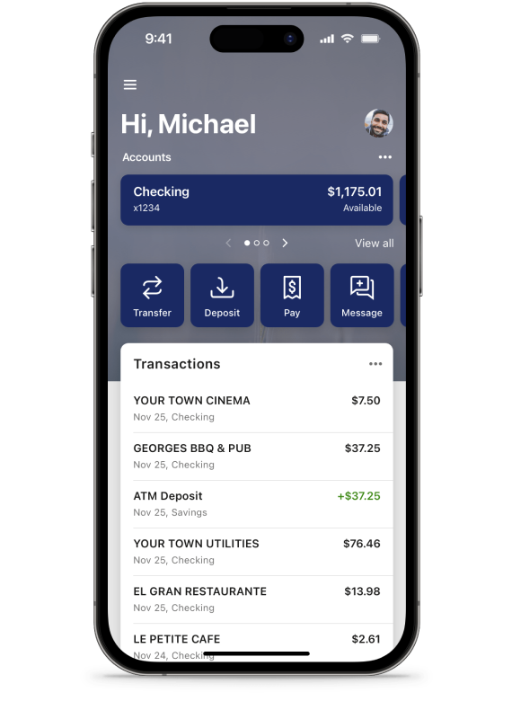 Mockup of an iPhone, the screen is showing the Putnam Mobile Banking App